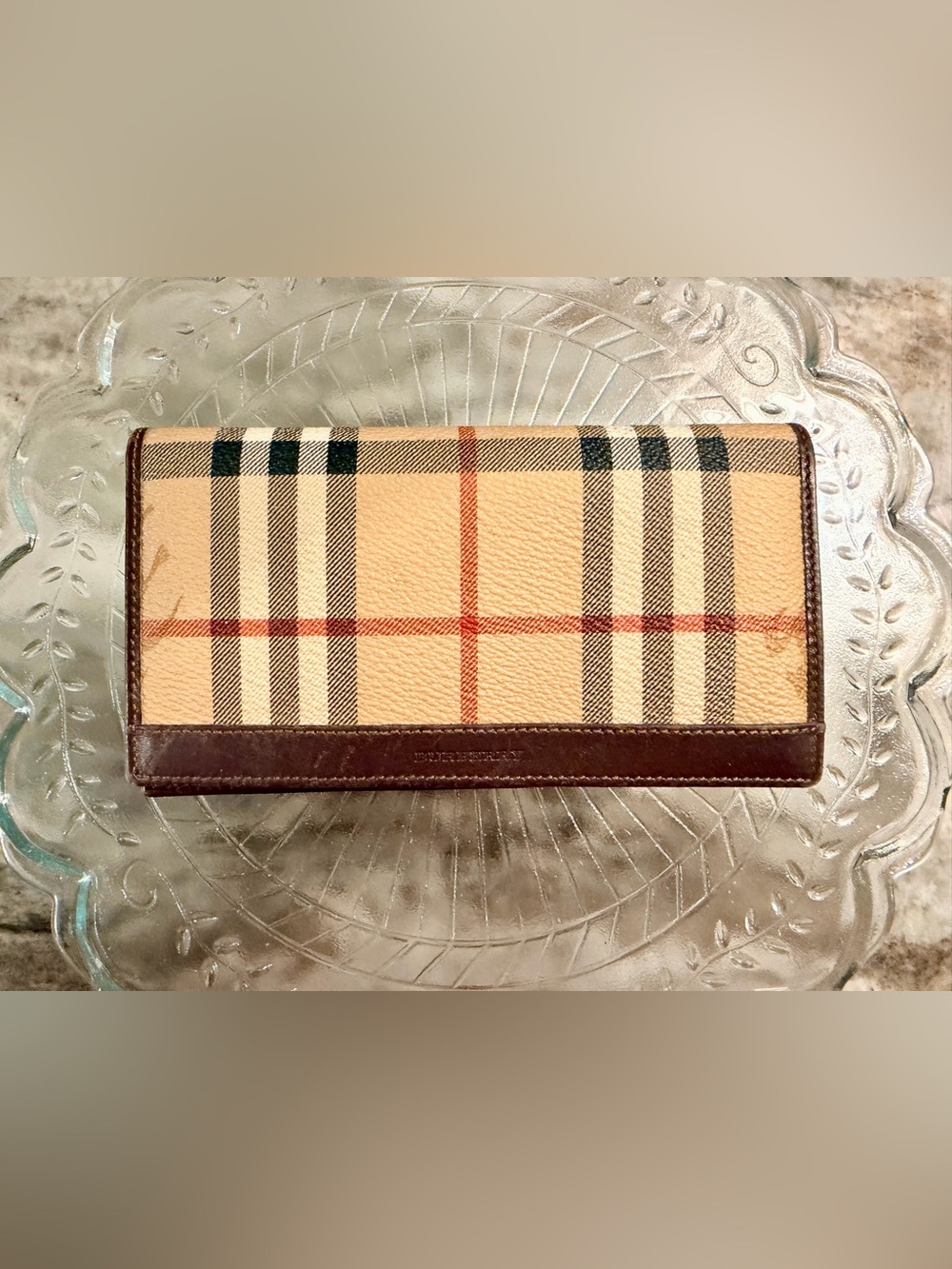 Authentic Burberry Beige Plaid Checkbook holder with Brown Trim and Red Stripe